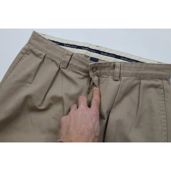 Vintage 90s Ralph Lauren Mens 32x30 Distressed Wide Leg Chino Pants Cotton Beige